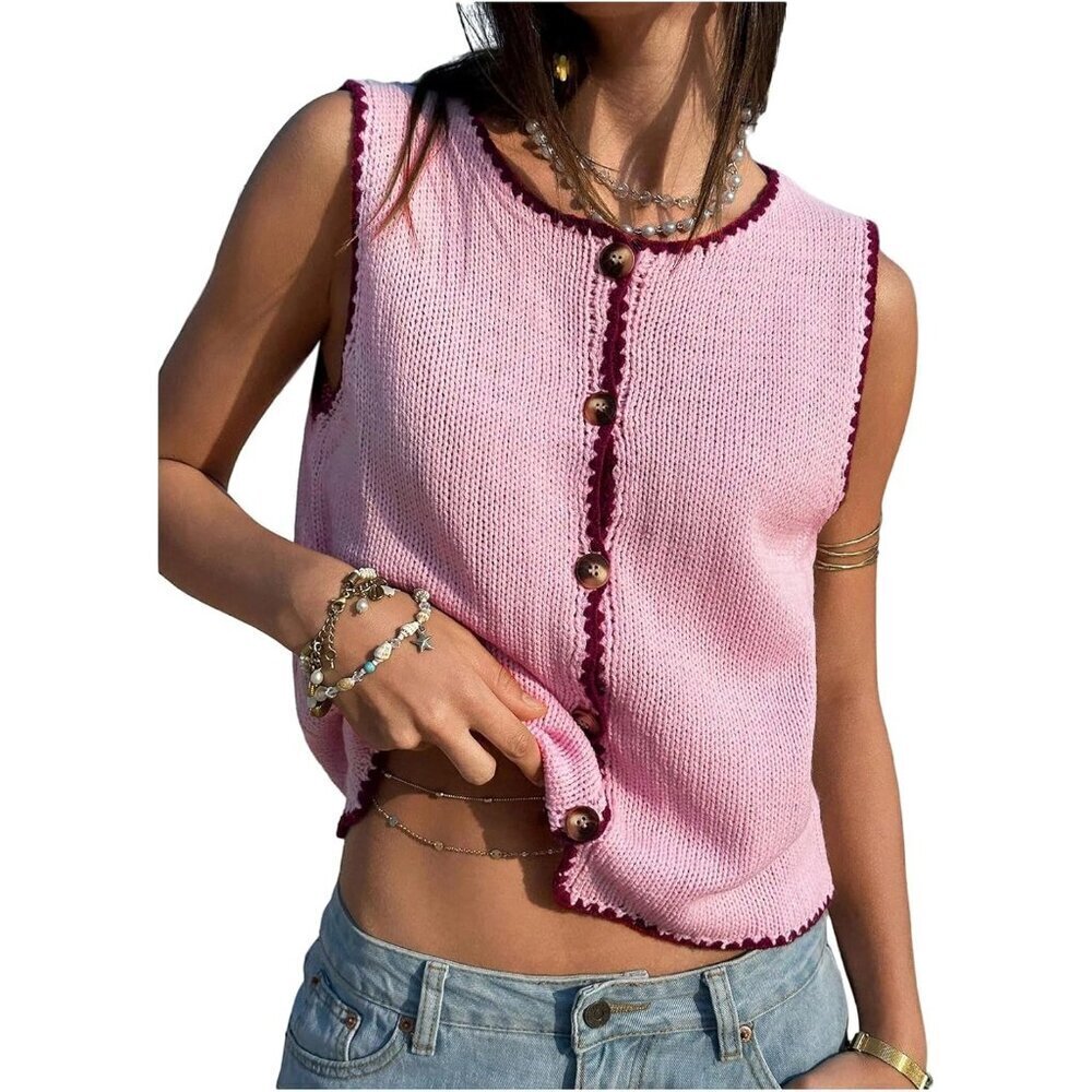 Women's Cropped Sweater Vest Acrylic Sleeveless Button Up Knit Top